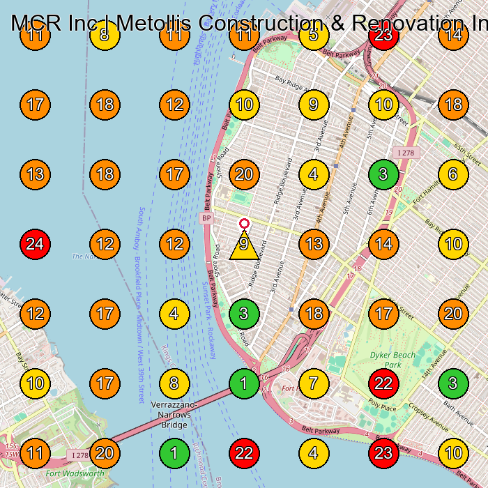 MCR Inc | Metollis Construction & Renovation Inc. Construction Company GeoGrid ranking map for Brooklyn NY